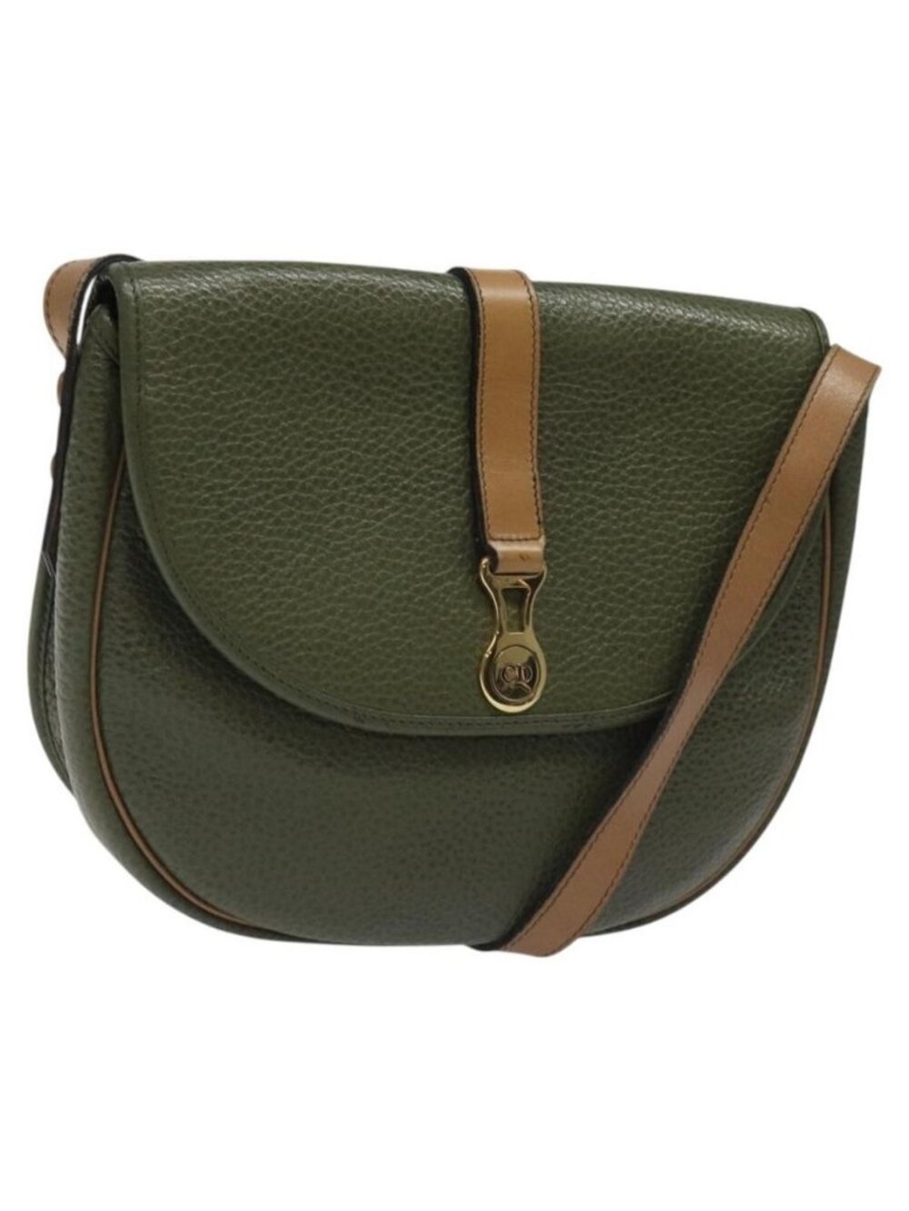 Authentic Christian Dior Shoulder Bag Leather Green Gold